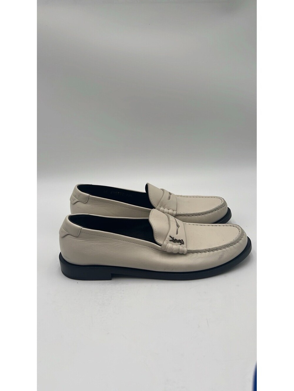 Women’s Saint Laurent white leather penny tonal strap Monogram loafers Size 38.5